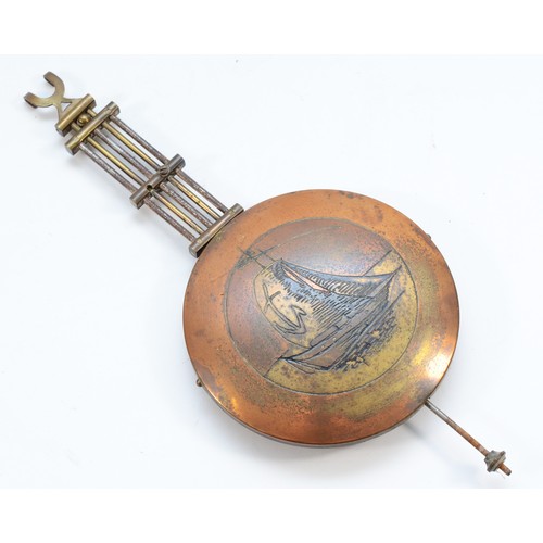 504 - An Art Nouveau walnut wall clock, the dial and pendulum bob with sailing boat decoration, the case w... 