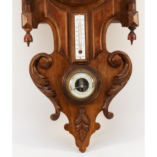 509 - A 19th century French beech wall clock/barometer/thermometer, with applied enamel numerals, pendulum... 