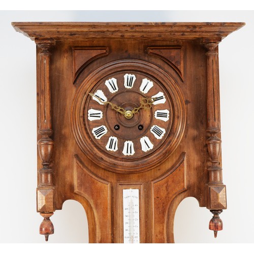 509 - A 19th century French beech wall clock/barometer/thermometer, with applied enamel numerals, pendulum... 