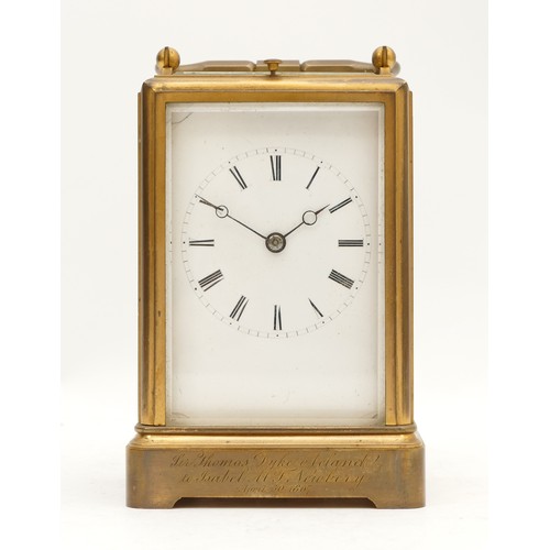 514 - A late 19th century brass repeating and striking carriage clock, white enamel dial with Roman numera... 