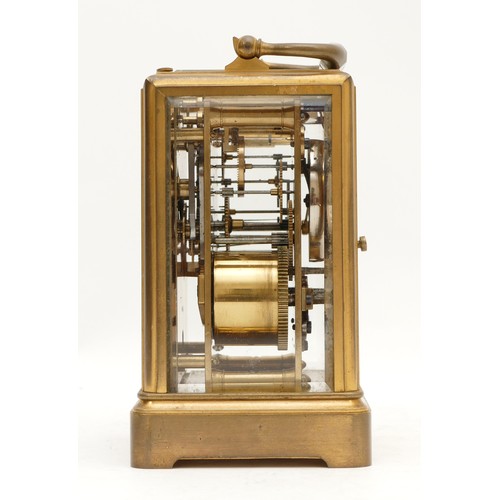 514 - A late 19th century brass repeating and striking carriage clock, white enamel dial with Roman numera... 