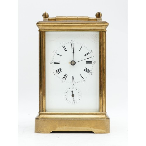 515 - An early 20th century brass alarm carriage time piece, white enamel dial with Roman numerals, the mo... 