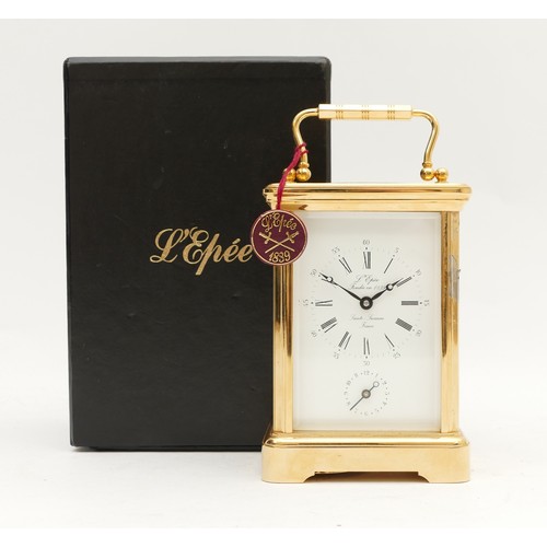 520 - L'Epee, a brass alarm carriage time piece, white enamel dial with subsidiary dial, English 11 jewel ... 