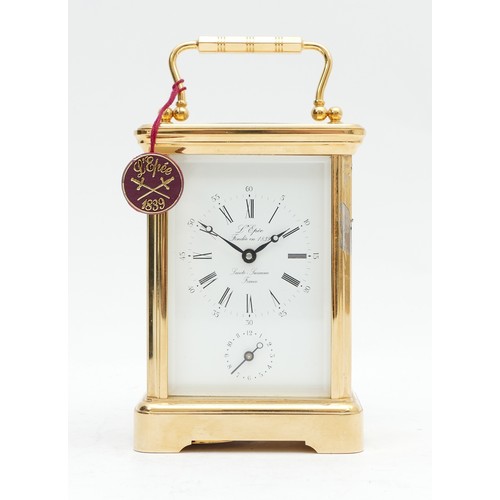 520 - L'Epee, a brass alarm carriage time piece, white enamel dial with subsidiary dial, English 11 jewel ... 