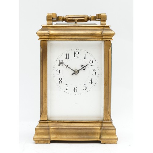 521 - A late 19th century French brass carriage striking and repeating clock, the white enamel  dial signe... 