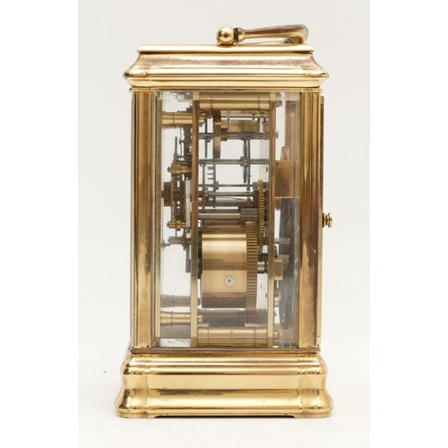 524 - Halfhide, a brass striking carriage clock, signed white enamel dial with Roman numerals, the Anglais... 