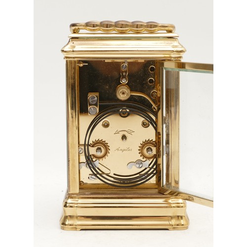 524 - Halfhide, a brass striking carriage clock, signed white enamel dial with Roman numerals, the Anglais... 