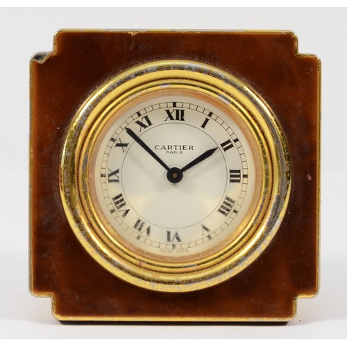 539 - Cartier, a gold plated and brown lacquer manual wind alarm clock, model 7512, serial number 03003, s... 