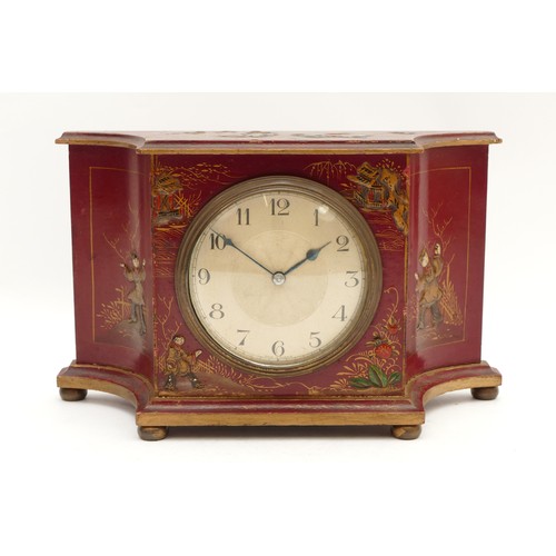 541 - A French Chinoiserie mantel clock, burgundy field with raised figures and buildings, 23 x 14.5cm.
Wo... 