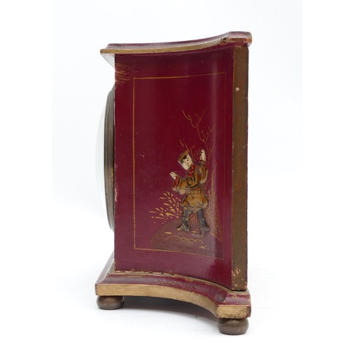 541 - A French Chinoiserie mantel clock, burgundy field with raised figures and buildings, 23 x 14.5cm.
Wo... 