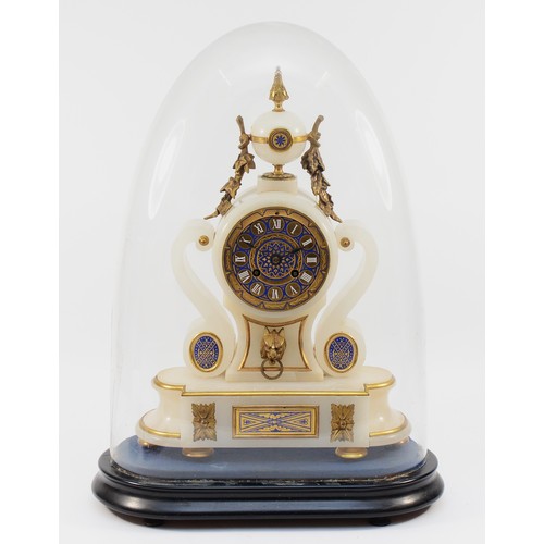 548 - A late 19th century French alabaster, gilt bronze and blue enamel mantel clock, the case and movemen... 