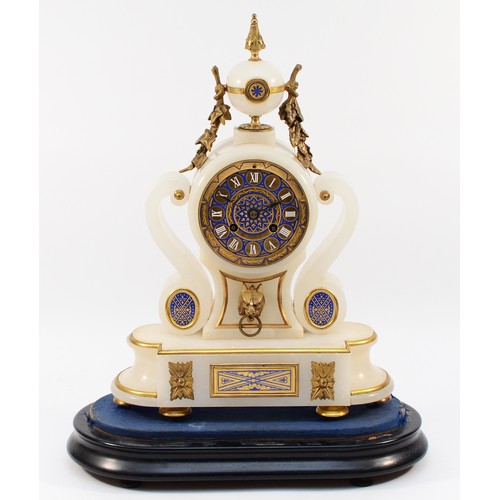 548 - A late 19th century French alabaster, gilt bronze and blue enamel mantel clock, the case and movemen... 