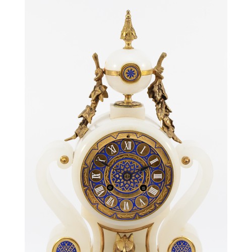 548 - A late 19th century French alabaster, gilt bronze and blue enamel mantel clock, the case and movemen... 