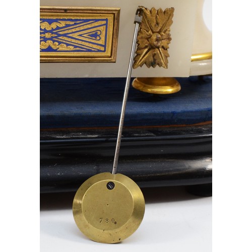 548 - A late 19th century French alabaster, gilt bronze and blue enamel mantel clock, the case and movemen... 