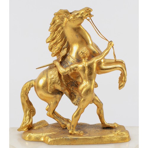 549 - A late 19th century French gilt metal and alabaster mantle clock, surmounted by a Marley horse, the ... 