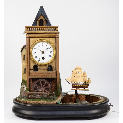 556 - A late 19th century French or Swiss musical, automaton and time piece, the white enamel dial housed ... 