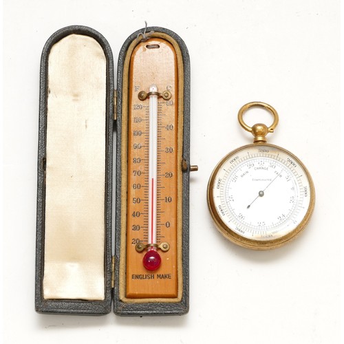 562 - A brass compensated pocket barometer, together with a cased thermometer (2)