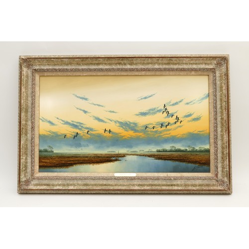 566 - Joss Hillard (b.1945), Wetland Paradise, oil on board, signed, label verso, 34 x 60cm