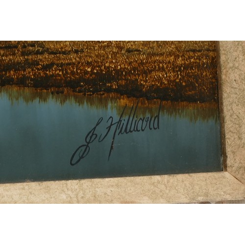 566 - Joss Hillard (b.1945), Wetland Paradise, oil on board, signed, label verso, 34 x 60cm