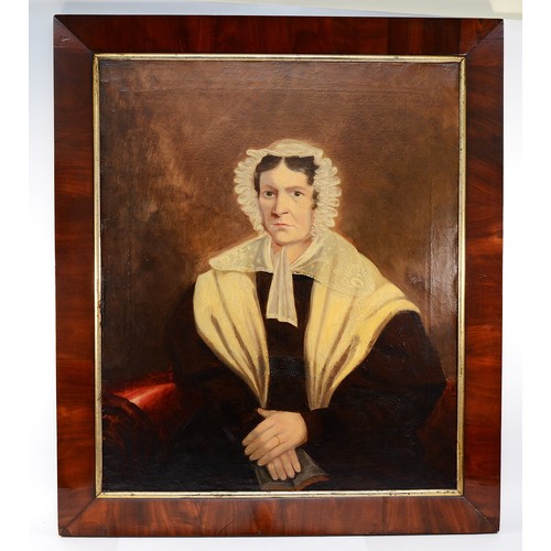 571 - English School, an early 19th century portrait of a lady with white bonnet, unsigned, 75 x 62cm, mah... 