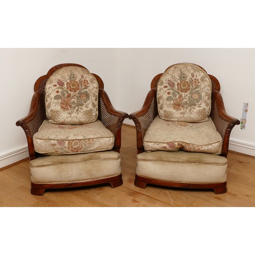 587 - A pair of Edwardian bergere armchairs, carved walnut frames with cane back and sides, floral upholst... 