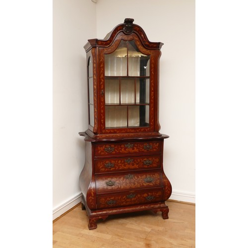 590 - A Dutch walnut, fruitwood and marquetry bombe display cabinet, circa late 19th century, the arched t... 