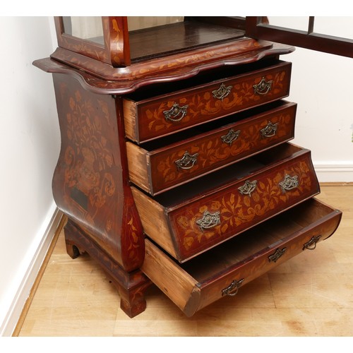 590 - A Dutch walnut, fruitwood and marquetry bombe display cabinet, circa late 19th century, the arched t... 