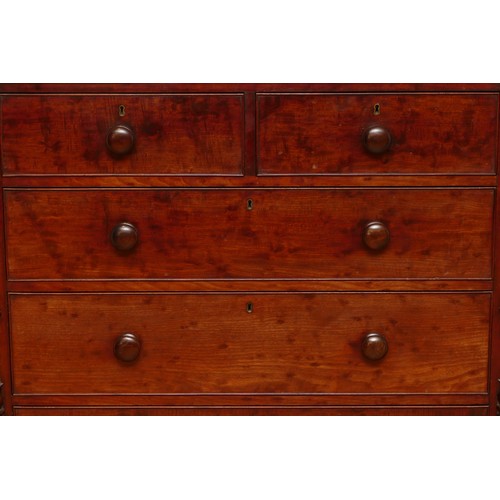 593 - A Victorian mahogany chest of two short and three long drawers with bun handles and turned columns, ... 