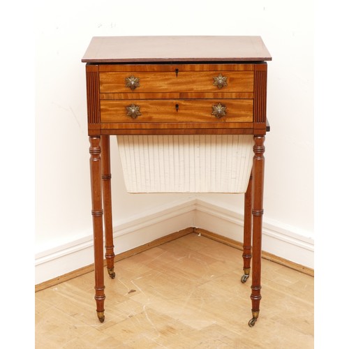 594 - A Victorian figured mahogany and crossbanded sewing table, the rectangular top with chamfered corner... 