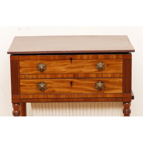 594 - A Victorian figured mahogany and crossbanded sewing table, the rectangular top with chamfered corner... 