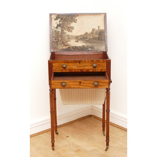 594 - A Victorian figured mahogany and crossbanded sewing table, the rectangular top with chamfered corner... 