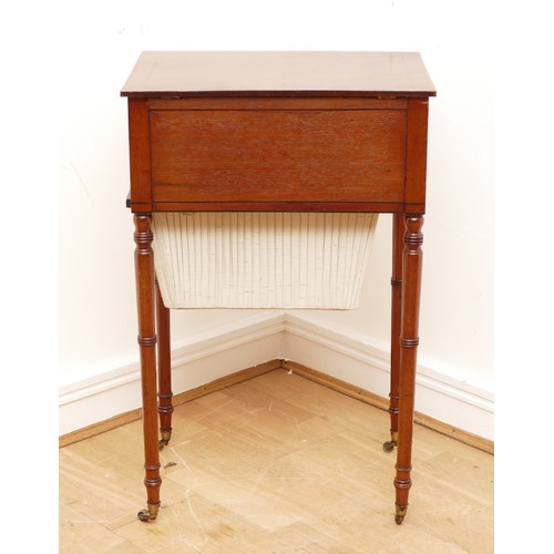 594 - A Victorian figured mahogany and crossbanded sewing table, the rectangular top with chamfered corner... 