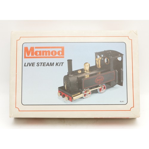 13 - A Mamod 0/1 Gauge Live Steam Locomotive Kit, SLK-1, in black with red lettering and straight chimney... 