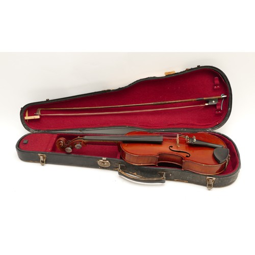 96 - A 3/4 violin, unlabelled with 13 inch back length, complete with case and bow, bow inlaid with Mothe... 