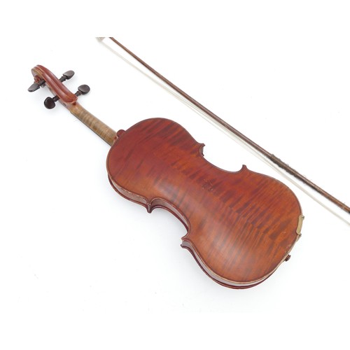 96 - A 3/4 violin, unlabelled with 13 inch back length, complete with case and bow, bow inlaid with Mothe... 