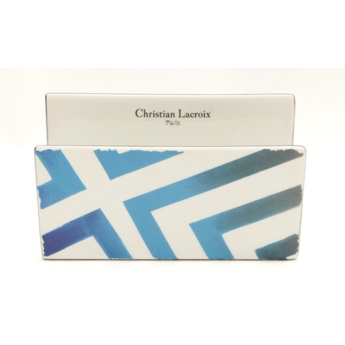 100 - A Christian Lacroix Paris ceramic letter holder with a blue and white geometric design, 9cm x 15, bo... 