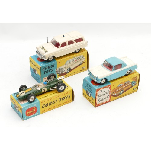 121 - Corgi Toys; comprising Ford Zephyr Motorway Patrol car, number 419, boxed, a Triumph Herald Coupe nu... 