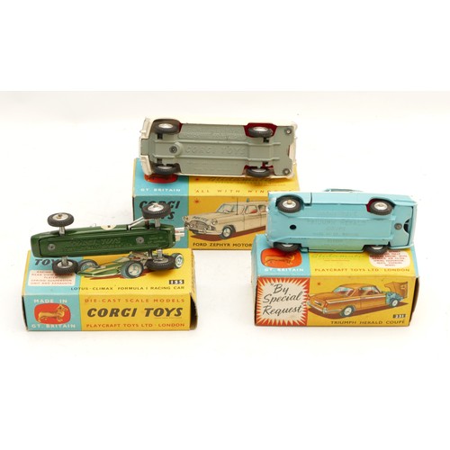 121 - Corgi Toys; comprising Ford Zephyr Motorway Patrol car, number 419, boxed, a Triumph Herald Coupe nu... 