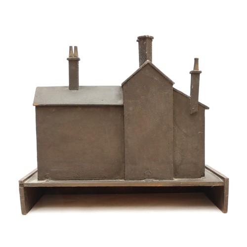 171 - A scratch built wooden model of three terraced houses in the Georgian style, set on an imitation bri... 