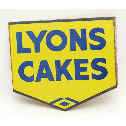 181 - A mid 20th century 'Lyons Cakes' enamel shop sign, double sided, blue lettering on a yellow ground.
... 