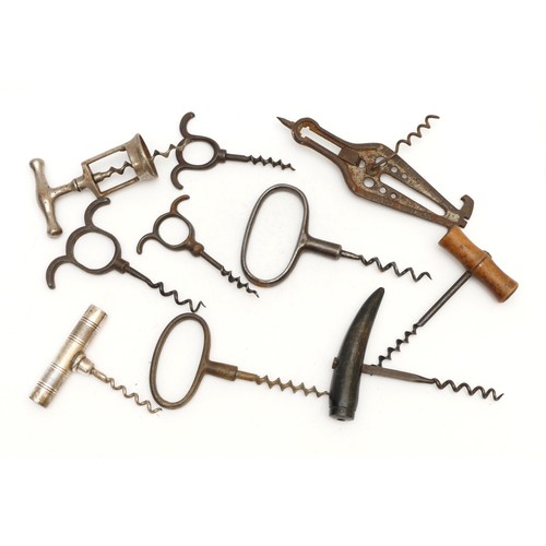 211 - A collection of ten modern and antique corkscrews, to include metal and wooden examples, one marked ... 