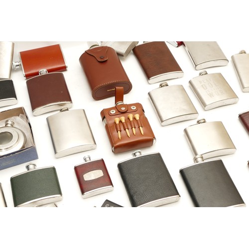 215 - A collection of modern drinks hip flasks, leather bound and plated, of various shapes and sizes, box... 