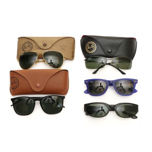 219 - Five pairs of Ray-Ban sunglasses, to include, a pair of Aviators, no. 38 14, cased, a pair of square... 