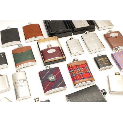 239 - A collection of modern plated drinks hip flasks, boxed and loose of various sizes.