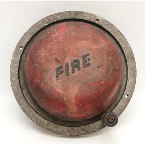 268 - An early 20th century British wall mounted fire alarm bell, painted cast metal with bakelite turn ha... 