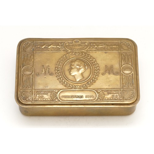 284 - A WWI brass Queen Mary 1914 Christmas tin, 13
x 8.5cm.