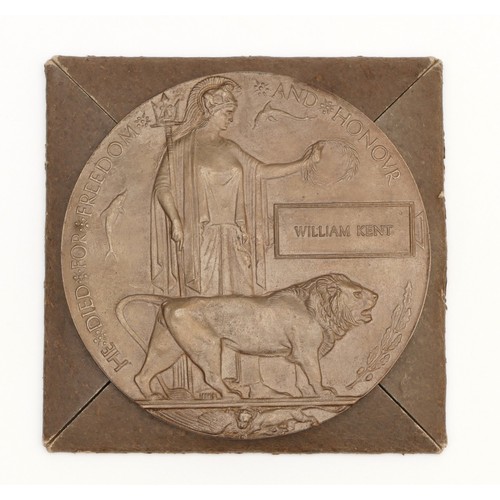 286 - WWI Death plaque in a designed card holder, awarded to William Kent.