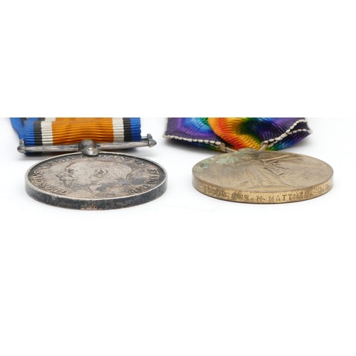 291 - WWI pair of War and Victory medals, awarded to 91473 GNR. H. Mathew R.A.