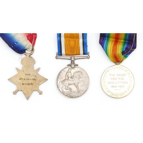 305 - WWI trio of 1914 Mons Star, War and Victory medals, awarded to 7740 PTE. M. Collins. 2/York Regiment... 