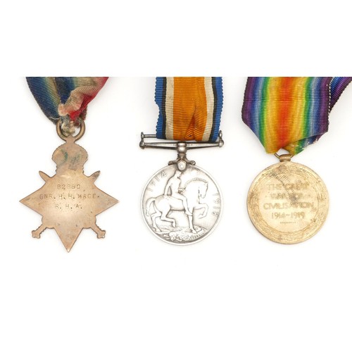 309 - WWI trio of War, Victory and the 1914-1915 Star, awarded to 82890 GNR. H. H. Mace. R.H.A-R.A.